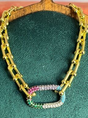 Gold Multi-Color Pavé Center Link & Hardware Link Bracelet 6-9”